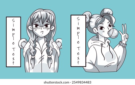 Tarjetas de chicas de anime. Vector Diseño gráfico elemento de ilustración