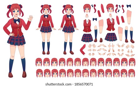 Anime girls character kit. Cartoon school girl uniform in japanese style. Kawaii manga student poses, faces, emotions and hands vector set. Illustration japanese character girl smile, kit set anime