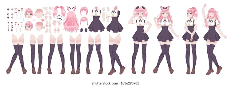 Anime Girls Character Kit. Manga Japanese Style Young Woman With Various Face Emotions Hands And Legs Position, Hairstyles Kawaii Asian Teen In Cosplay Clothes Vector Comic Female Isolated Cartoon Set