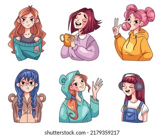 Anime girls with different emotions comic stickers isolated set. Vector graphic design cartoon illustration