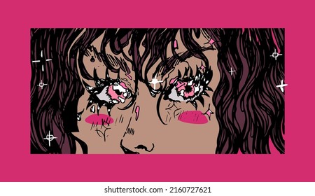 Anime girl's eyes in a manga comic book frame. Fancy illustration in cartoon style.