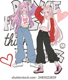 Anime Girls Graphic with slogan, manga style 