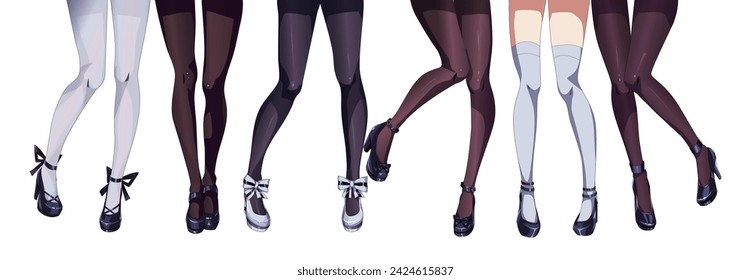 Anime girls legs in stockings color vector illustration set. Manga women cropped body parts on white background. Japanese comic art