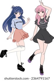 anime girls, manga style, vector illustration of two anime characters with modern style clothing