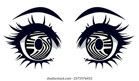 Anime girl's psychedelic eyes in black and white colors. Quirky illustration in cartoon style of manga comics.