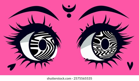 Anime girl's psychedelic eyes in black and pink colors. Quirky illustration in cartoon style of manga comics.