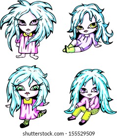Anime girls. Set of color vector illustrations in style of Japanese anime.