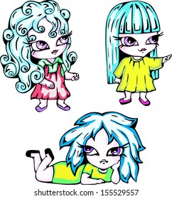 Anime girls. Set of color vector illustrations in style of Japanese anime.