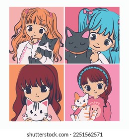 Anime Girls with their cats. Vector graphic design for t-shirt. Cute girls illustrations. Children fashion trend.