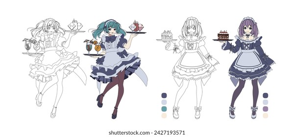 Anime girls working in maid cafe coloring book vector characters. Japanese women in special clothes serving desserts and drinks on white background