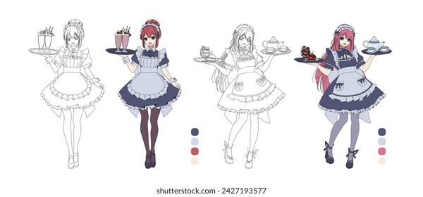 Chicas de anime trabajando en el café de servicio para colorear personajes vectoriales de libros. Mujeres japonesas en ropa especial que sirve postres y bebidas sobre fondo blanco