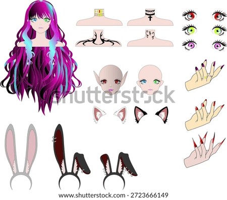 Anime Gothic Girl Creator Kit - Customizable Head Eyes Hands and Animal Ears Accessory Set