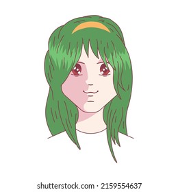 Anime green hairstyle vector cartoon illustration isolated on a white background.