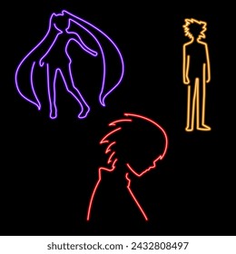 anime group of neon icons, vector illustration, on a black background.