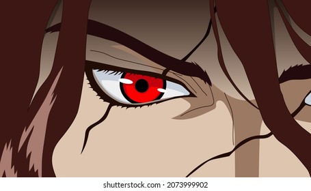 Anime guy face close up with red eyes. Banner for anime, manga, cartoon