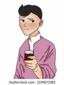 Anime guy stands with a glass of red wine and thinks
