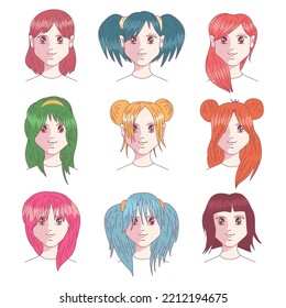 Anime hair style vector cartoon set isolated on a white background.