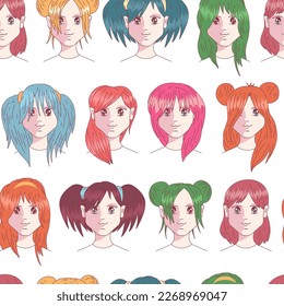 Anime hairstyle vector cartoon seamless pattern background for wallpaper, wrapping, packing, and backdrop.