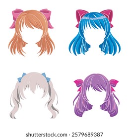 Anime hairstyle vector set  on a white background.