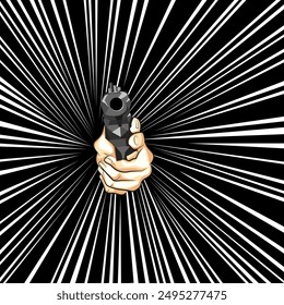 Anime Hand mit Pistole nach vorne, Hintergrund mit Speed-Effekt kombiniert mit schwarzen Farben.