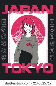 Anime hoodie girl with japanese slogan for tee and poster Translation "Japanese girl" 