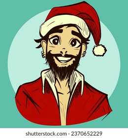 Anime illustration of a young anime Santa Claus with beard. White and red winter clothes. Cheerful man with a grin and holiday outfit