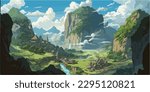 Anime isekai scene in the mountains, green landscape village, chinese vibe, high mountains, vector 2D illustration
