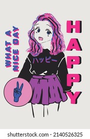 Anime japanese girl with colorful hair vector print design for tee and poster