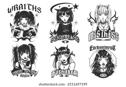 Anime japanese monochrome t shirt designs bundle, anime gothic streetwear black and white graphic t shirt vector set, grayscale girl streetwear design collection