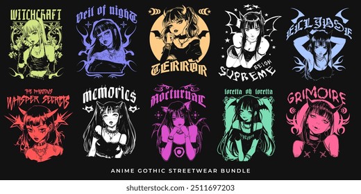 Anime japanese t shirt designs bundle, anime gótico streetwear gráfico t shirt vetor set, coleção de design de rua de arte escura menina	
