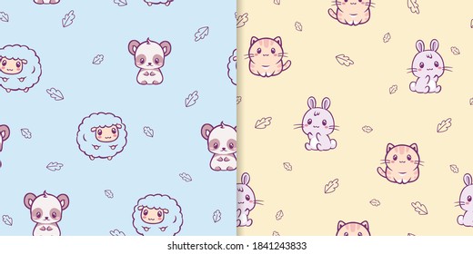 Anime Kawaii Animals Seamless Pattern. Cute Lamb With Red Spots And Mane Small Pink Funny Kitten With Yellow Fur Smiling Hare And Blue Bear Pensive Multicolor Vector.