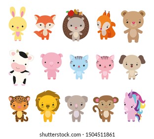 Anime kawaii animals vector set. Cute characters illustration isolated on white. Rabbit, fox, squirrel, hedgehog, bear. Cow, pig, cat, dog. Cheetah, lion, koala, monkey, unicorn. Manga Japanese style.