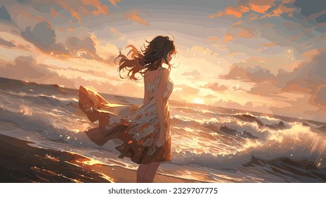 Anime lady looking at the sea, golden hour, sunset time, melancholic scene, vector illustration