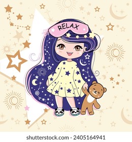 Anime little cartoon girl with dark blue hair and big eyes and teddy bear. Vector illustration print for t-shirt. Chibi girl