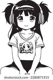 Anime little girl listening to music with headphones