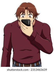 Anime male character on white background, looking at his smartphone with shocked facial expression.