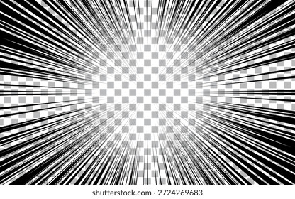 Anime Manga Action Frame Linien. Abstrakte Explosionsvorlage mit Geschwindigkeitslinien auf transparentem Hintergrund. Radiale Bewegungslinien.