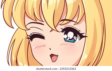 Anime manga blue eyes close up. Blonde hair. Hand drawn vector illustration