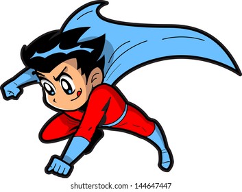 Anime Manga Boy Flying Superhero With Cape Making a Fist