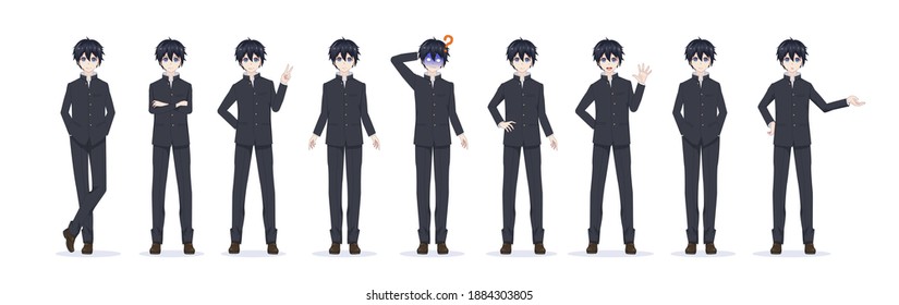 Anime manga boy in full-length black school uniform. Various poses and emotions. Vector illustration