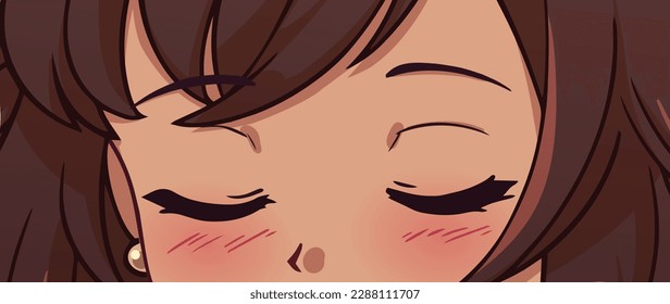 Anime manga closed eyes close up. Brown hair and tan skin. Hand drawn vector illustration