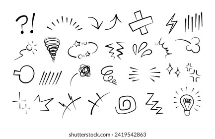 Anime manga comic emoticon element graphic effects hand drawn doodle vector illustration set isolated on white background. Cartoon style manga doodle line expression scribble anime mark collection.