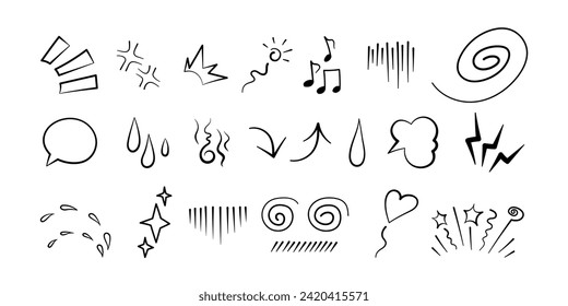 Anime manga comic emoticono elemento efectos gráficos dibujos a mano de doodle ilustración de vector conjunto aislado en fondo blanco. Estilo caricatura manga línea de doodle expresión garabato colección de marca de anime.