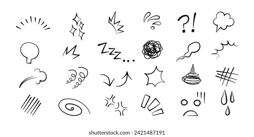 Anime manga comic emoticon element graphic effects hand drawn doodle vector illustration set isolated on white background. Cartoon style manga doodle line expression scribble anime mark collection.