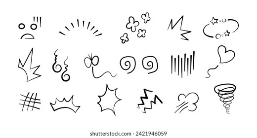 Anime manga comic emoticon element graphic effects hand drawn doodle vector illustration set isolated on white background. Cartoon style manga doodle line expression scribble anime mark collection.