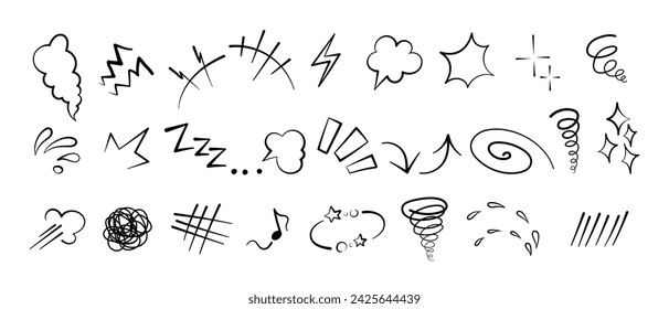Anime manga comic emoticon element graphic effects hand drawn doodle vector illustration set isolated on white background. Cartoon style manga doodle line expression scribble anime mark collection.