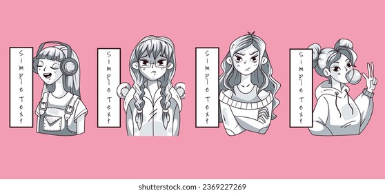 Anime manga cute kawaii girls characters posters cards isolated set. Vector flat graphic design illustration