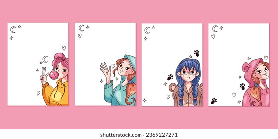 Anime manga cute kawaii girls characters posters cards isolated set. Vector flat graphic design illustration
