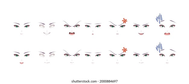 Anime manga expressions eyes set girl. Japanese cartoon style