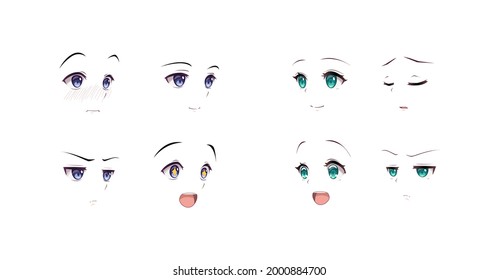 Anime manga expressions eyes set boy and girl. Japanese cartoon style